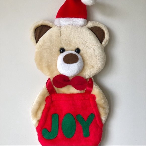 Vintage Plush Teddy Bear Christmas Stocking with Santa Hat - Picture 2 of 8
